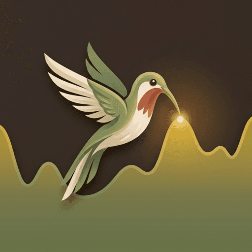 The GlucoPlot app icon — a hummingbird sipping the glowing peak of a gentle glucose curve
