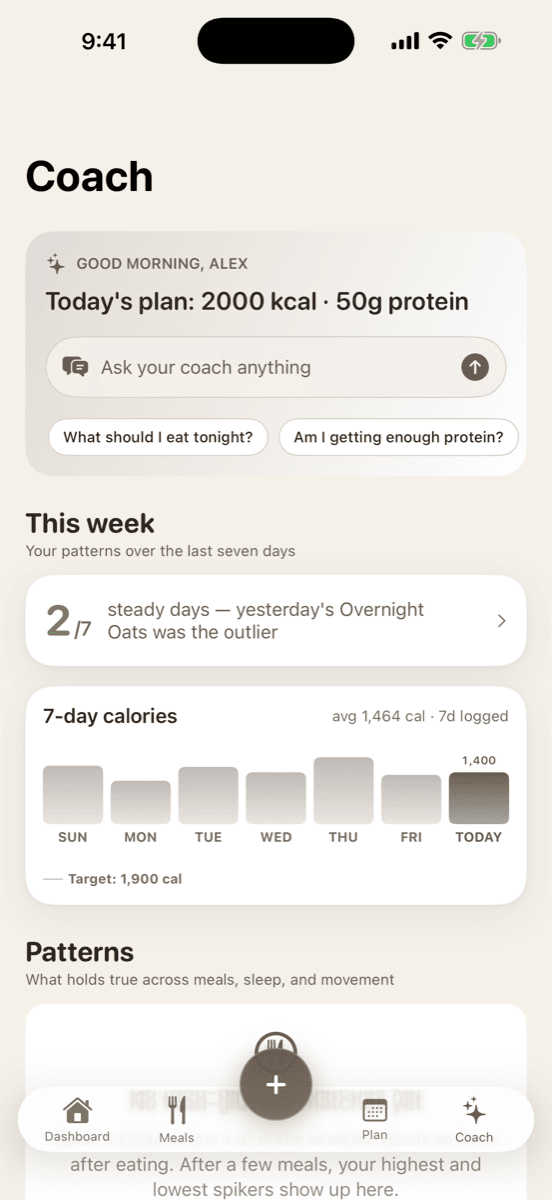 GlucoPlot's Coach tab: this week's steady days with the outlier meal named, a 7-day calorie chart, and patterns across meals, sleep and movement
