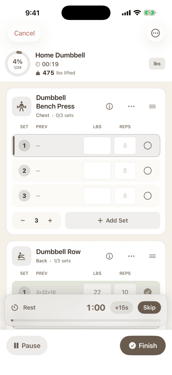 A live workout in GlucoPlot: Home Dumbbell session with sets, reps and a rest timer running